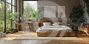 Cozy and elegant bedroom with big bed, nice bedclothes, wooden bedside tables and with warm light