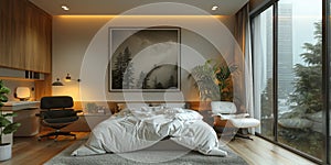 Cozy and elegant bedroom with big bed, nice bedclothes, wooden bedside tables and with warm light