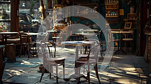 Cozy empty cafe interior with wooden chairs and tables. vintage style eatery waiting for customers. inviting small