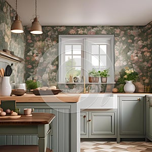 A cozy English cottage-style kitchen with floral wallpaper and a farmhouse sink3