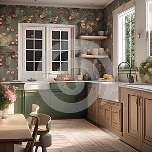 A cozy English cottage-style kitchen with floral wallpaper and a farmhouse sink2