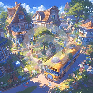 Cozy European Village with School Bus