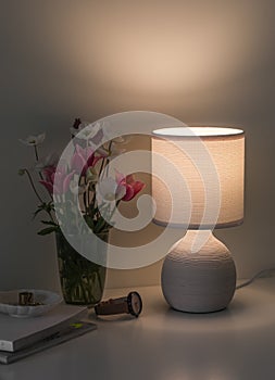 Cozy evening home interior - included table lamp, garden flowers in a vase, magazines on the table in the living room, bedroom