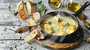 A Cozy Evening with Luscious Fondue Cheese, Freshly Baked Bread, and a Bottle of White Wine
