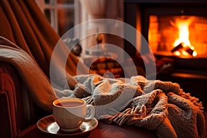 Cozy Evening Retreat: Plaid, Armchair, Fireplace, and Hot Beverage