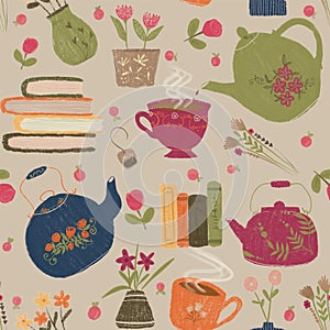 Cozy evening with saucer, book, vas textile print and surface design seamless pattern. Raster version.