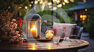 cozy evening terrace in garden ,blurred lantern candle light, soft sofa ,cozy atmosfear on evening