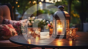 cozy evening terrace in garden ,blurred lantern candle light, soft sofa ,cozy atmosfear on evening