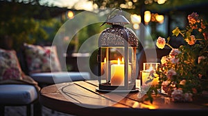 cozy evening terrace in garden ,blurred lantern candle light, soft sofa ,cozy atmosfear on evening