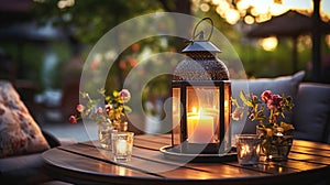 cozy evening terrace outside ,blurred lantern candle light, soft sofa ,cozy atmosfear on evening
