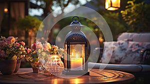 cozy evening terrace outside ,blurred lantern candle light, soft sofa ,cozy atmosfear on evening