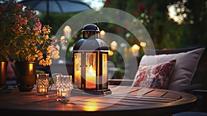 cozy evening terrace outside ,blurred lantern candle light, soft sofa ,cozy atmosfear on evening