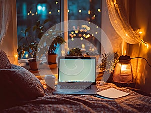 Cozy evening workspace by the window