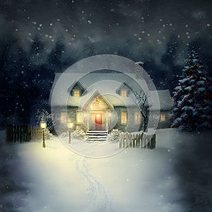 Cozy fairytale winter house at snowy night, neural network generated art