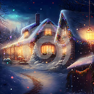 Cozy fairytale winter house at snowy night, neural network generated art