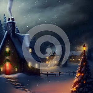 Cozy fairytale winter houses at snowy night, neural network generated art