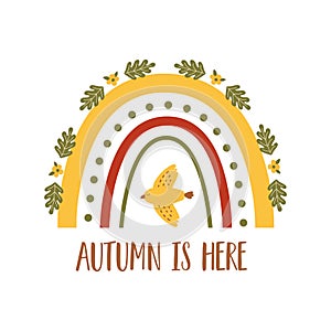 Cozy fall, autumn rainbow with autmn bird. Cute fall party invitation isolated element. Autumn mood