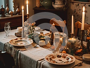 A cozy family dinner, table set with plates, candles, and dishes. AI generative image.