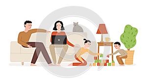Cozy family gathering in living room vector illustration.
