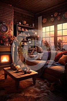 cozy family living room with fireplace and decorations