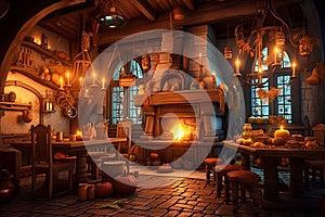 Cozy fantasy medieval tavern inn interior with food and drink on tables, burning open fireplace, candles and stone ground