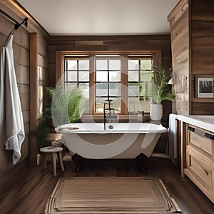 A cozy farmhouse-style bathroom with clawfoot tub and rustic wooden accents1