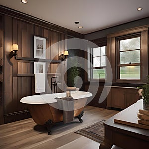 A cozy farmhouse-style bathroom with clawfoot tub and rustic wooden accents2