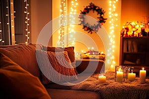 Cozy festive living room with warm lights, holiday decorations, and comfortable furnishings for winter relaxation photo