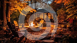 Cozy Fire Pit Illuminates Autumn Backyard Night Landscape GenerativeAI