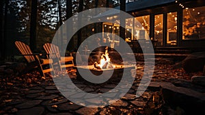 Cozy Fire Pit Illuminates Autumn Backyard Night Landscape GenerativeAI