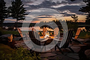 A cozy fire pit surrounded by chairs overlooking a serene lake. AI Generated