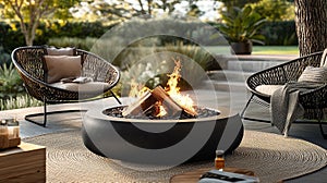 Cozy firepit surrounded by stylish outdoor chairs..