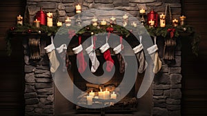 Cozy fireplace adorned with candles and stockings. Perfect for adding warmth and holiday spirit to