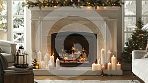 A cozy fireplace adorned with tapered candles of varying lengths bringing a soft and calming atmosphere to the room. 2d