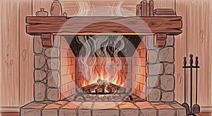 Cozy Fireplace with Burning Logs and Hearth Accessories