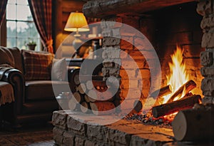 Cozy fireplace with burning logs in a rustic cabin setting photo