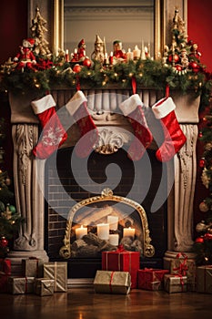 A cozy fireplace with Christmas stockings and candles. Perfect for adding warmth and holiday spirit to any space