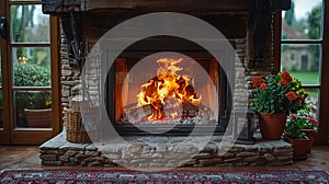 Cozy fireplace with crackling flames