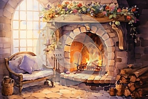 A cozy fireplace for relaxation self care background