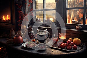 cozy fireplace scene with mulled wine on a tray