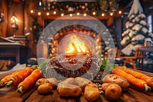 Cozy Fireplace Setting with Festive Decorations and Delicious Roast Dinner Amidst Holiday Celebrations