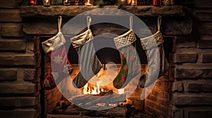 Cozy fireplace with stockings hanging from its mantle. Perfect for adding warmth and holiday cheer