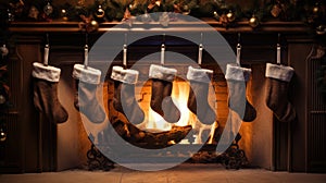 Cozy fireplace with stockings hanging from its mantle. Perfect for creating warm and festive