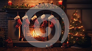 Cozy fireplace with stockings hanging from it next to beautifully decorated Christmas tree. Perfect