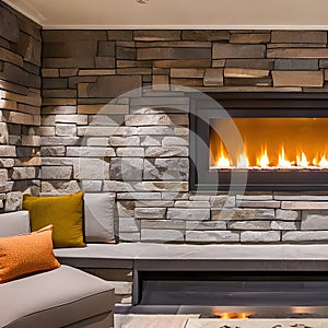 A cozy fireplace with a stone surround, built-in benches, and a cozy seating area with plush cushions2, Generative AI