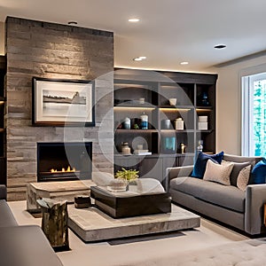 A cozy fireplace with a stone surround, built-in shelves, and a comfortable seating area with plush rugs2, Generative AI