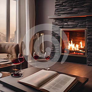 A cozy fireplace with two glasses of red wine and a book on a nearby table2