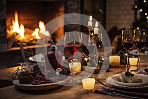 Cozy Fireside Feast: Warmth and Wine. Generative AI