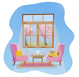 Cozy flat concept home Living room interior. Pink soft armchairs with table and sleeping pets in room with large window.Outside