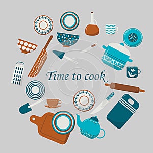 Cozy flat kitchen utensils illustrations. Kitchenware cooking objects, equipment for cooking, cups, dishes, bowls, knives, cutlery